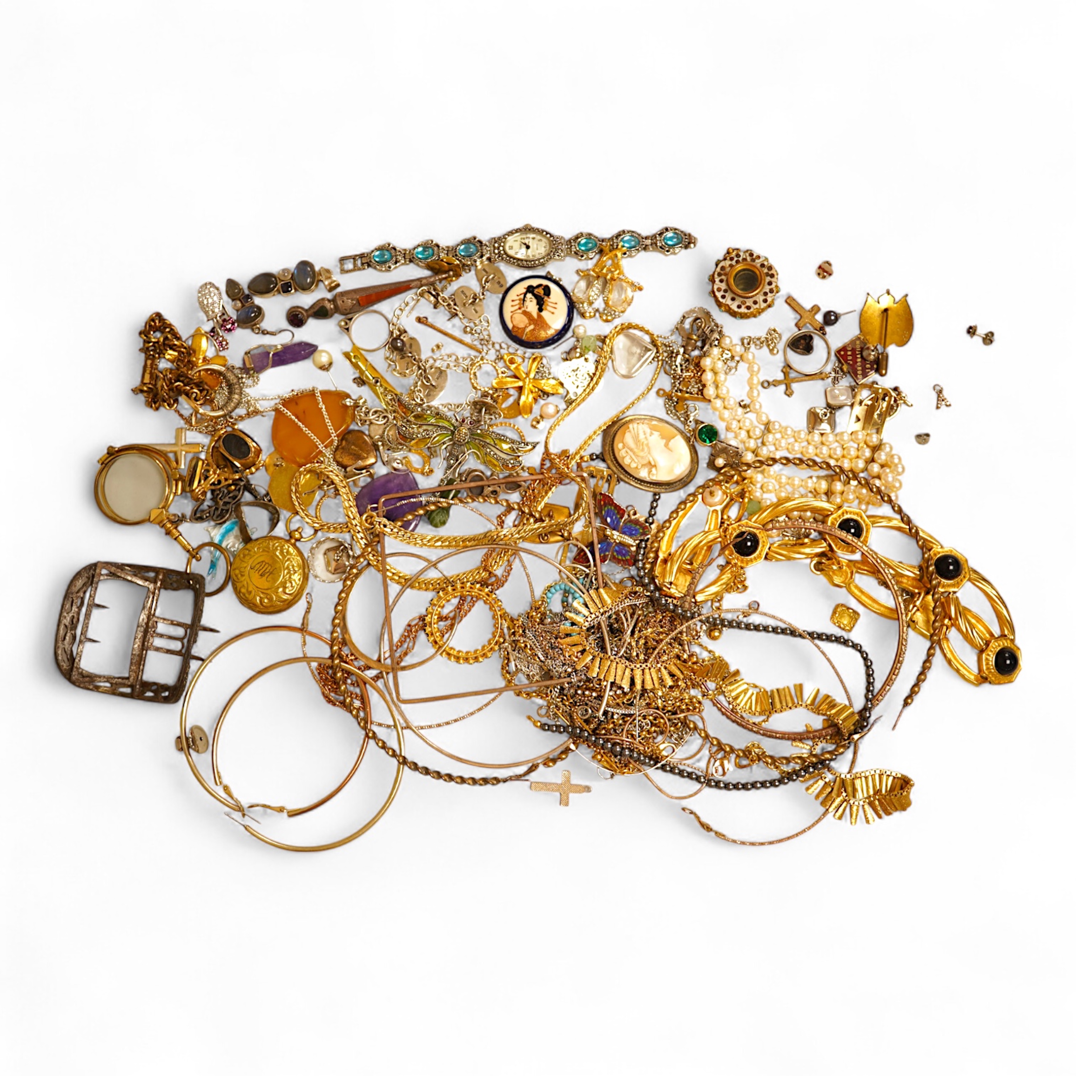 A small collection of assorted costume jewellery and other items including a cut steel shoe buckle, bracelets, chains, pair of silver and enamel oval cufflinks, etc.
